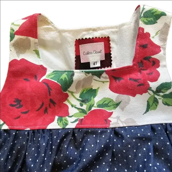 Handmade 4t Floral Rose Polka Dot Jumper Dress Vintage Linens Calico Closet Boho - Picture 1 of 8